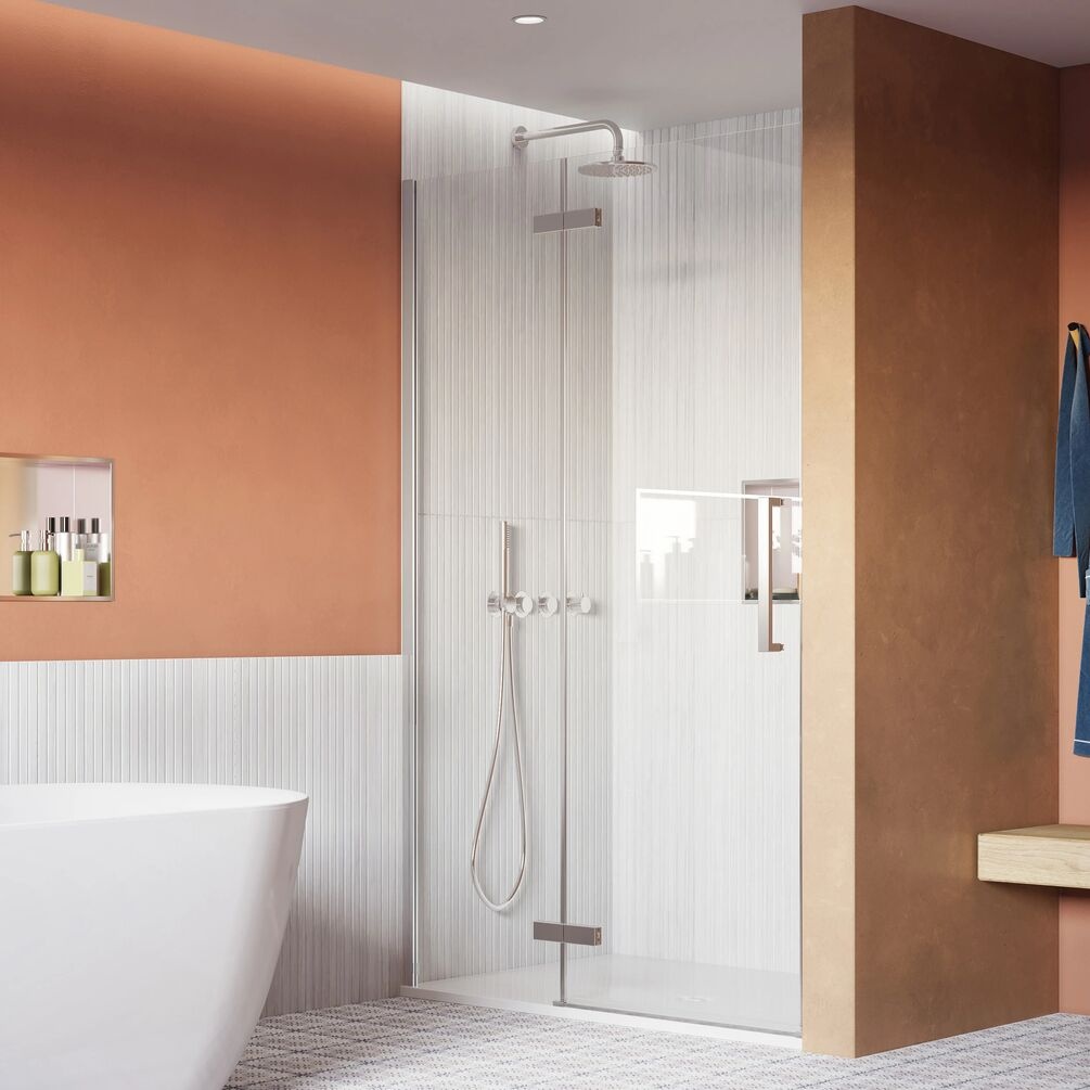 Lifestyle image of Crosswater Asura 8 Polished Stainless Steel 1400mm Hinged Shower Door & Inline Panel